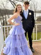 Ball Gown/Princess Sweep Train V-neck Tulle Tiered Prom Dresses