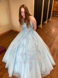 Ball Gown Scoop Neck Tulle Sweep Train Appliques Lace Prom Dresses