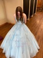 Ball Gown Scoop Neck Tulle Sweep Train Appliques Lace Prom Dresses