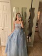 Ball Gown Scoop Neck Tulle Sweep Train Appliques Lace Prom Dresses