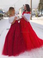 Ball Gown Scoop Neck Tulle Prom Dresses With Appliques