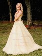 Ball Gown Scoop Neck Tulle Sweep Train Appliques Lace Prom Dresses