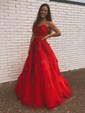 Ball Gown Scoop Neck Tulle Sweep Train Appliques Lace Prom Dresses