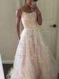 Ball Gown Scoop Neck Tulle Sweep Train Appliques Lace Prom Dresses