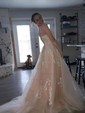 Ball Gown Scoop Neck Tulle Sweep Train Appliques Lace Prom Dresses