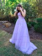 Ball Gown Scoop Neck Tulle Sweep Train Appliques Lace Prom Dresses