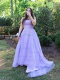 Ball Gown Scoop Neck Tulle Sweep Train Appliques Lace Prom Dresses