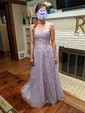 Ball Gown Scoop Neck Tulle Sweep Train Appliques Lace Prom Dresses