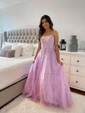 Ball Gown Scoop Neck Tulle Sweep Train Appliques Lace Prom Dresses