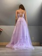 Ball Gown Scoop Neck Tulle Sweep Train Appliques Lace Prom Dresses