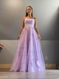 Ball Gown Scoop Neck Tulle Sweep Train Appliques Lace Prom Dresses