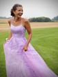 Ball Gown Scoop Neck Tulle Sweep Train Appliques Lace Prom Dresses