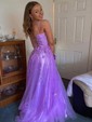 Ball Gown Scoop Neck Tulle Sweep Train Appliques Lace Prom Dresses