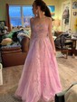 Ball Gown Scoop Neck Tulle Sweep Train Appliques Lace Prom Dresses