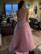 Ball Gown Scoop Neck Tulle Sweep Train Appliques Lace Prom Dresses