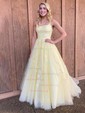 Ball Gown Scoop Neck Tulle Sweep Train Appliques Lace Prom Dresses