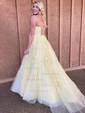 Ball Gown Scoop Neck Tulle Sweep Train Appliques Lace Prom Dresses