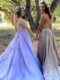 Ball Gown Scoop Neck Tulle Sweep Train Appliques Lace Prom Dresses