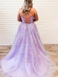 Ball Gown Scoop Neck Tulle Sweep Train Appliques Lace Prom Dresses