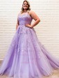 Ball Gown Scoop Neck Tulle Sweep Train Appliques Lace Prom Dresses