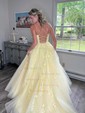 Ball Gown Scoop Neck Tulle Sweep Train Appliques Lace Prom Dresses