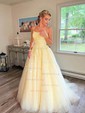 Ball Gown Scoop Neck Tulle Sweep Train Appliques Lace Prom Dresses