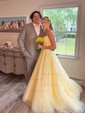 Ball Gown Scoop Neck Tulle Sweep Train Appliques Lace Prom Dresses