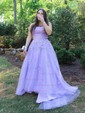 Ball Gown Scoop Neck Tulle Sweep Train Appliques Lace Prom Dresses