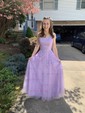 Ball Gown Scoop Neck Tulle Sweep Train Appliques Lace Prom Dresses