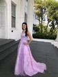 Ball Gown Scoop Neck Tulle Sweep Train Appliques Lace Prom Dresses