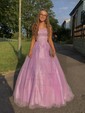 Ball Gown Scoop Neck Tulle Sweep Train Appliques Lace Prom Dresses