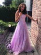 Ball Gown Scoop Neck Tulle Sweep Train Appliques Lace Prom Dresses