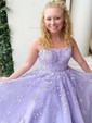 Ball Gown Scoop Neck Tulle Sweep Train Appliques Lace Prom Dresses