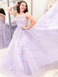 Ball Gown Scoop Neck Tulle Sweep Train Appliques Lace Prom Dresses