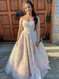 Ball Gown Scoop Neck Tulle Sweep Train Appliques Lace Prom Dresses