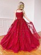 Ball Gown Scoop Neck Tulle Sweep Train Appliques Lace Prom Dresses