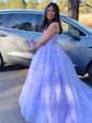 Ball Gown/Princess Sweep Train Scoop Neck Tulle Appliques Lace Prom Dresses