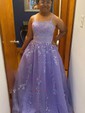 Ball Gown/Princess Sweep Train Scoop Neck Tulle Appliques Lace Prom Dresses