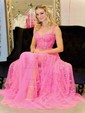 A-line Sweetheart Tulle Sweep Train Beading Prom Dresses