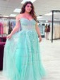 A-line Sweetheart Tulle Sweep Train Beading Prom Dresses