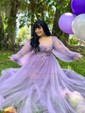 Ball Gown Sweetheart Puff Sleeve Tulle Prom Dresses With Beading
