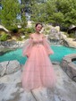 Ball Gown Sweetheart Puff Sleeve Tulle Prom Dresses With Beading