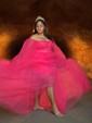 Ball Gown Sweetheart Puff Sleeve Tulle Prom Dresses With Beading