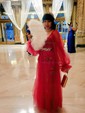 Ball Gown Sweetheart Puff Sleeve Tulle Prom Dresses With Beading