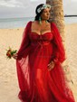 Ball Gown Sweetheart Puff Sleeve Tulle Prom Dresses With Beading
