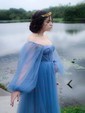 Ball Gown Sweetheart Puff Sleeve Tulle Prom Dresses With Beading