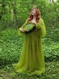 Ball Gown Sweetheart Puff Sleeve Tulle Prom Dresses With Beading