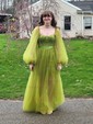 Ball Gown Sweetheart Puff Sleeve Tulle Prom Dresses With Beading