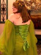 Ball Gown Sweetheart Puff Sleeve Tulle Prom Dresses With Beading