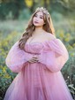 Ball Gown Sweetheart Puff Sleeve Tulle Prom Dresses With Beading